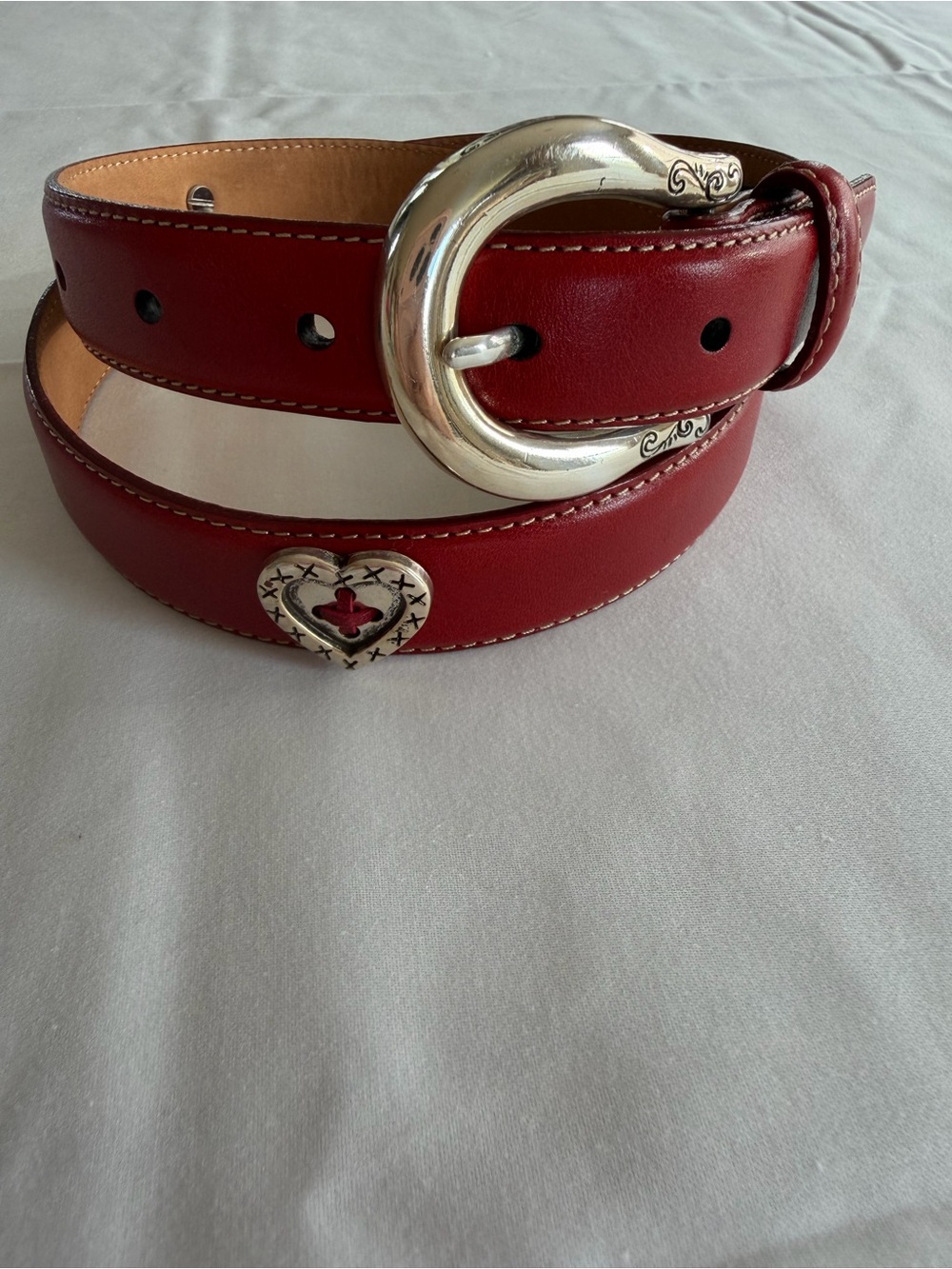 Brighton Red Leather Belt with Silver Oval Buckle and Heart Charm